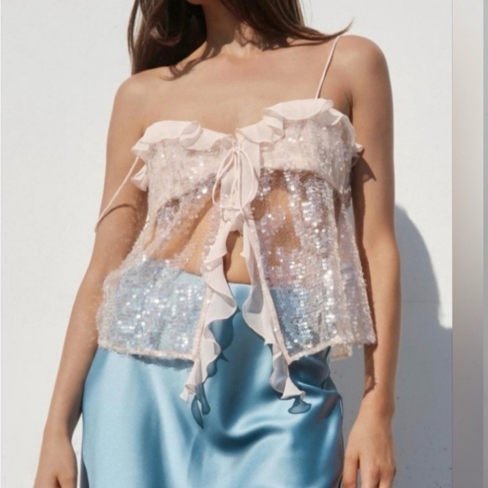 NWT Zara Sheer Sequin Ruffle Tie-Front Camisole in Pale Blush